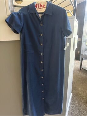 Talbots Navy Button-Front Midi Shirt Dress